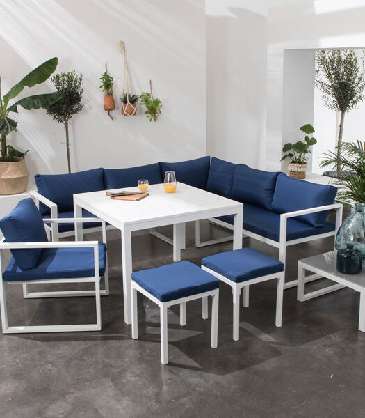 IBIZA modulaire tuinset in blauwe stof, 7 zitplaatsen - wit aluminium