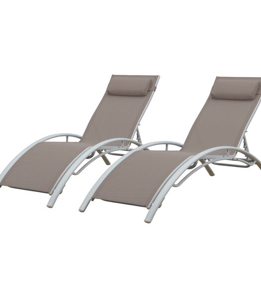 Set van 2 GALAPAGOS ligstoelen in taupe textilene - wit aluminium