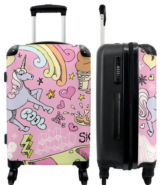 Handbagage Koffer met 4 wielen en TSA slot (Roze - Eenhoorn - Skateboard - Tekening)
