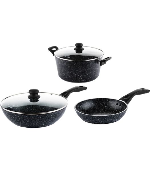 Ensemble de casseroles  Black Marble (wok + poêle ø 30 cm + cocotte ø 28 cm) - Induction et toutes autres sources de chaleur