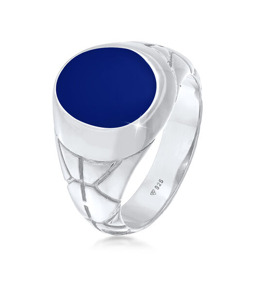 Bague Chevalière De Base Pour Homme - Bleu Ovale Avec Émail En Argent Sterling 925 Plaqué Or