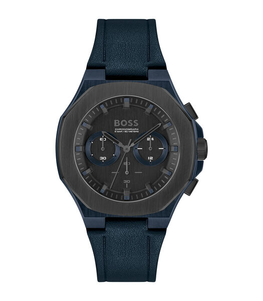 Horloge analoog zwart met blauw leer chrono 1514086
