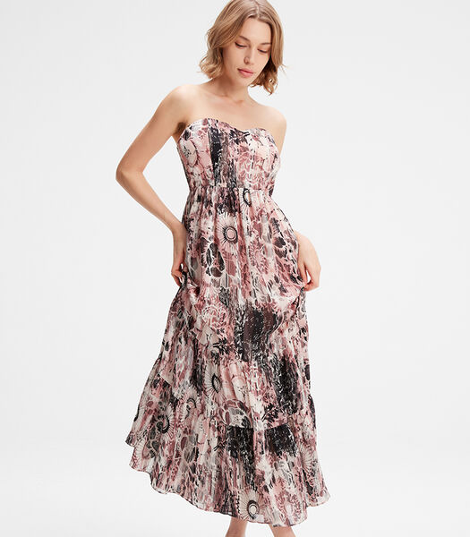 Strapless jurk van chiffon met abstracte bloemenprint