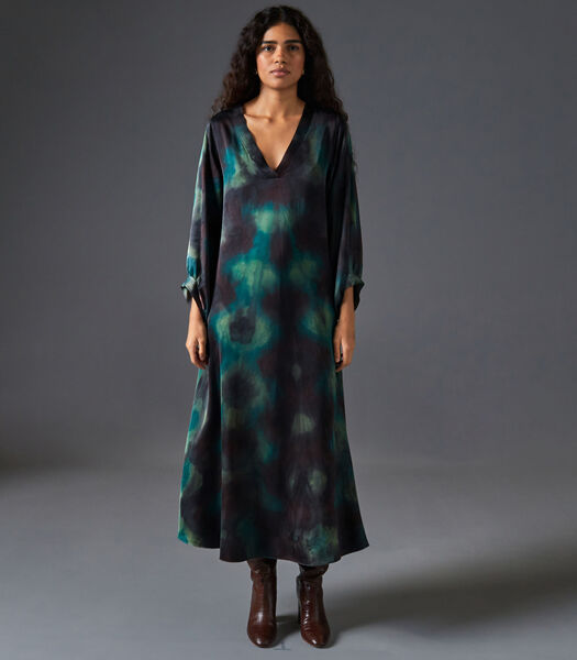 Uitlopende maxi-jurk van satijn met stropdas en kleurstof