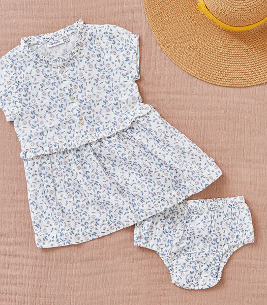 Jurk + bloomer set met bloemetjes, ecru