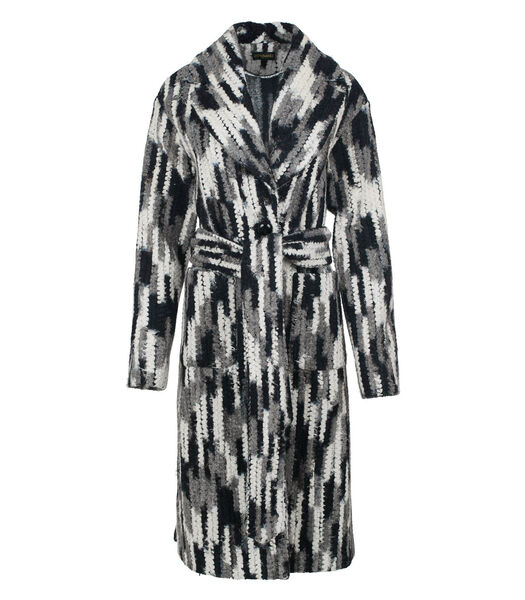 Manteau long de style jacquard en laine mélangée dans des tons neutres avec ceinture
