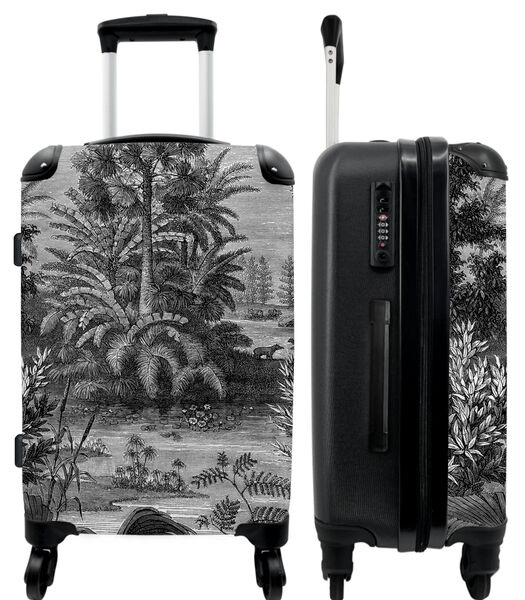 Bagage à main Valise avec 4 roues et serrure TSA (Vintage - Jungle - Plantes - Feuilles - Noir et blanc)