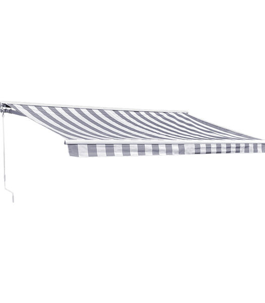 Store banne SAULE 3,95 × 3m avec semi-coffre - Toile rayée blanche/grise et structure blanche