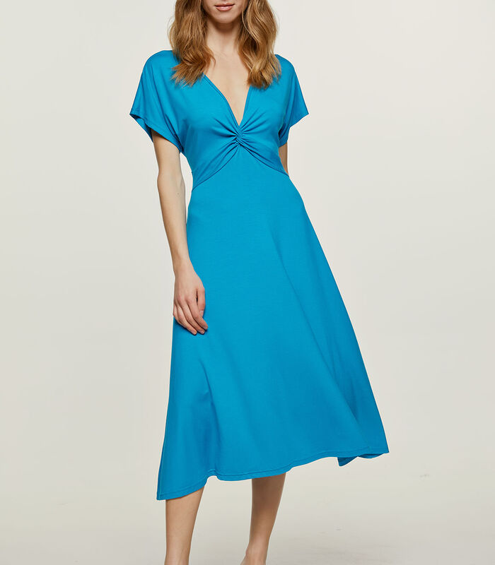 Turquoise midi-jurk met vlinderstrik image number 0