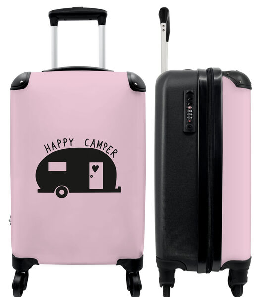 Ruimbagage koffer met 4 wielen en TSA slot ('Happy Camper' - Roze - Zwart - Quotes - Caravan - Camper)