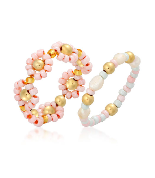 Bague Femmes Beads De Verre Set De 2 Avec  Perles De Culture D'eau Douce En Argent Sterling 925 Plaqué Or