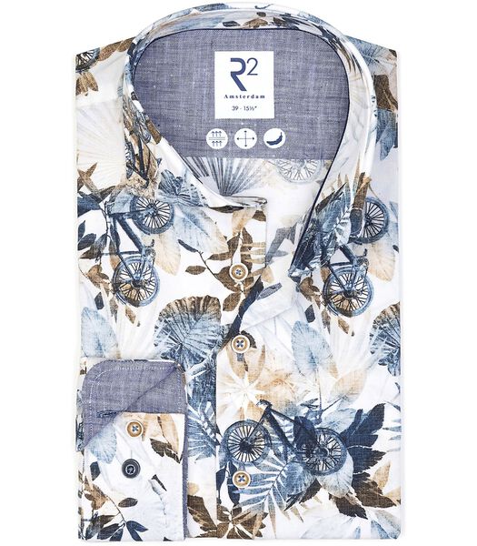 Overhemd Extra Lange Mouwen Botanische Print Fiets Blauw