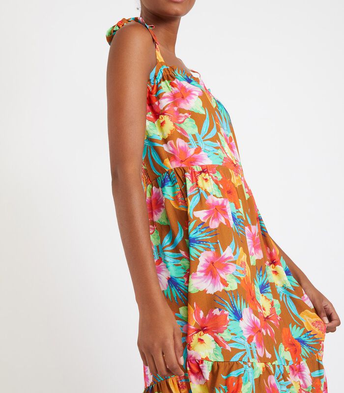 LOU PEARLDAY lange bruine jurk met tropische print image number 1
