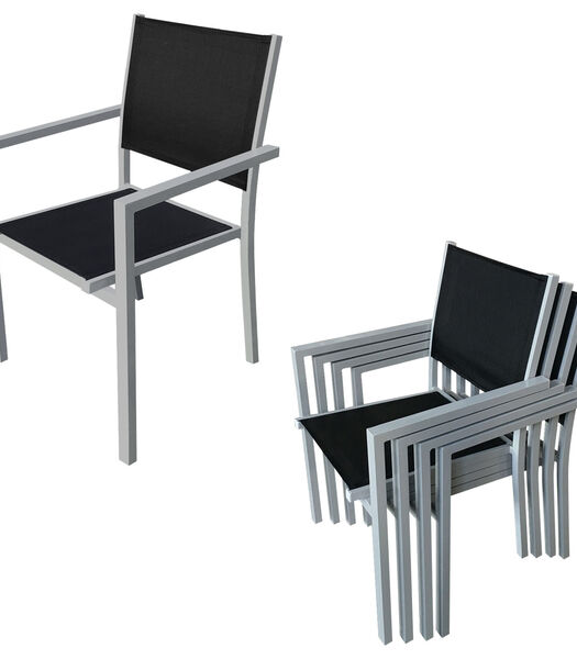 BERGAMO zwart textilene tuinset 6 zitplaatsen - grijs aluminium