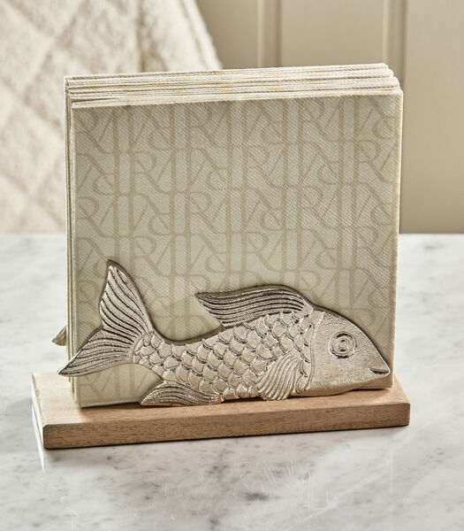 RM Fish - Porte-serviettes en bois avec plateau et poisson argenté