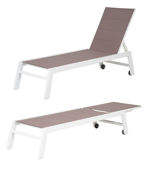 Set bain de soleil et table d'appoint BARBADOS en textilène taupe - aluminium blanc