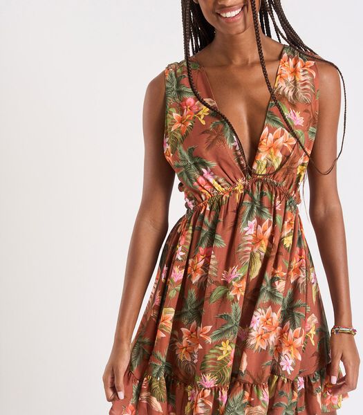 Bruine open jurk met tropische print Elvina HANALEIDAY
