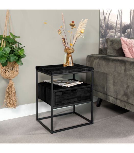 Black block - Table de chevet - noir - teck recyclé - 1 tiroir - 1 niche