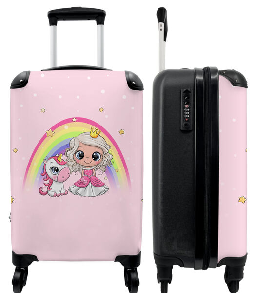 Bagage à main Valise avec 4 roues et serrure TSA (Princesse - Licorne - Arc-en-ciel - Rose - Étoiles)