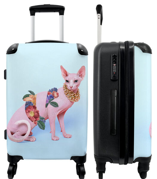 Handbagage Koffer met 4 wielen en TSA slot (Kat - Bloemen - Goudenketting - Blauw)