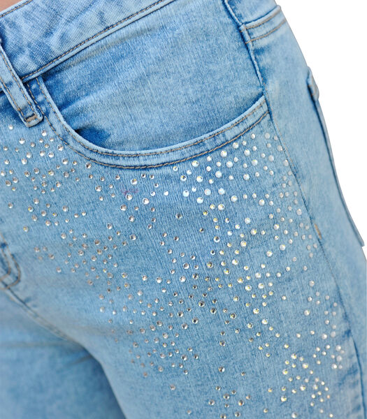 STEPHANIE Blauw gewassen jeans short met strass-steentjes