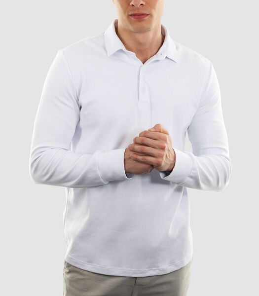 Heren Polo Lange Mouw - Strijkvrij Poloshirt - Wit - Slim Fit - Excellent Katoen