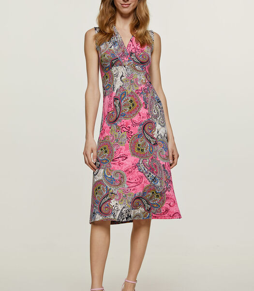 Mouwloze Empire Line-jurk in Fuchsia print