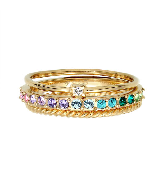 Ring Dames Set Multi-Colour Fonkelend Met Kristallen Kleurrijk In 925 Sterling Zilver Verguld