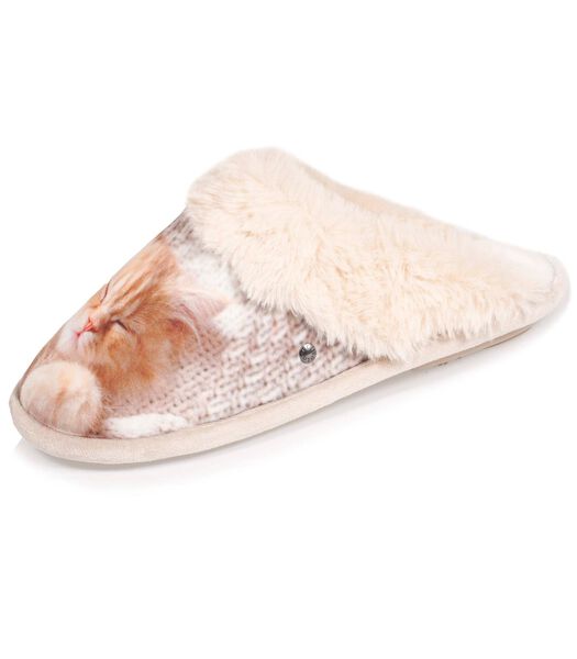 Chaussons mules femme chat Beige