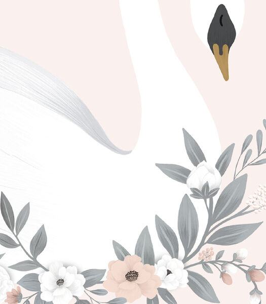 GRACE - Affiche encadrée - Cygne et fleurs (fond rose)
