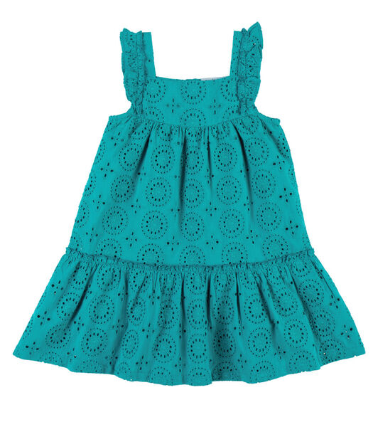 Wijd uitlopende jurk met bloemetjes, turquoise