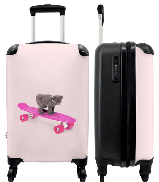 Valise spacieuse avec 4 roues et serrure TSA (Chat - Chaton - Animaux - Skateboard - Rose)