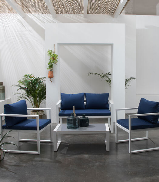 Salon de jardin IBIZA en tissu bleu 4 places - aluminium blanc
