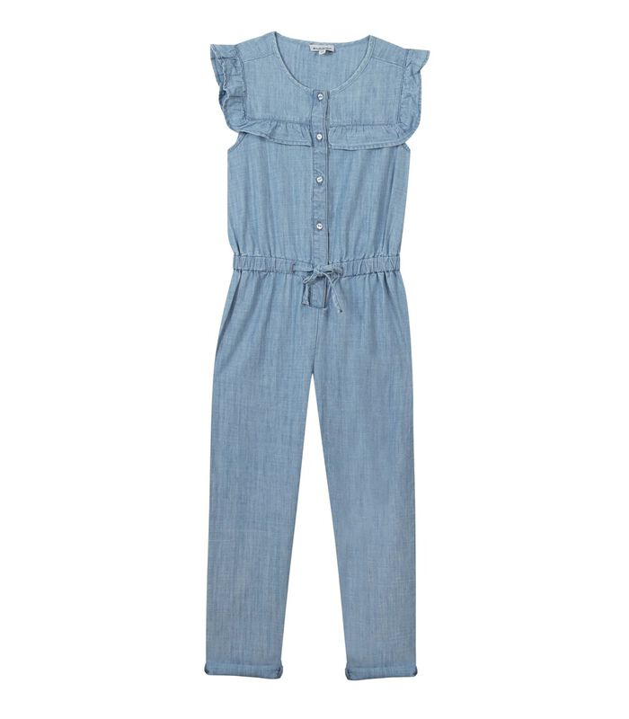 Lange jumpsuit met ruches in licht denim image number 0