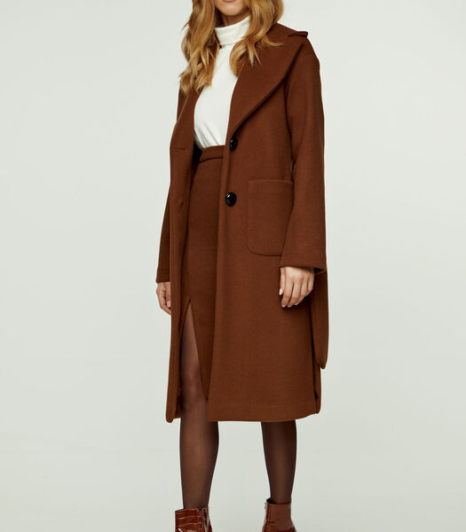 Manteau long Chocolat imitation mouflon avec ceinture