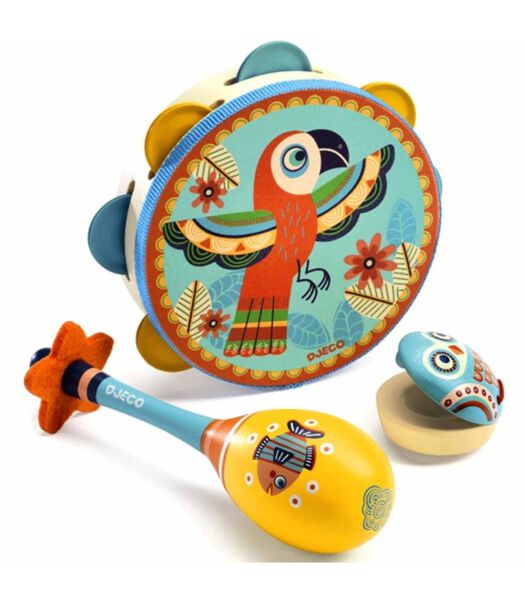 DJECO Set of 3 instruments: Tambourine, maracas, castanet - 32,5 x 185 x 6 cm