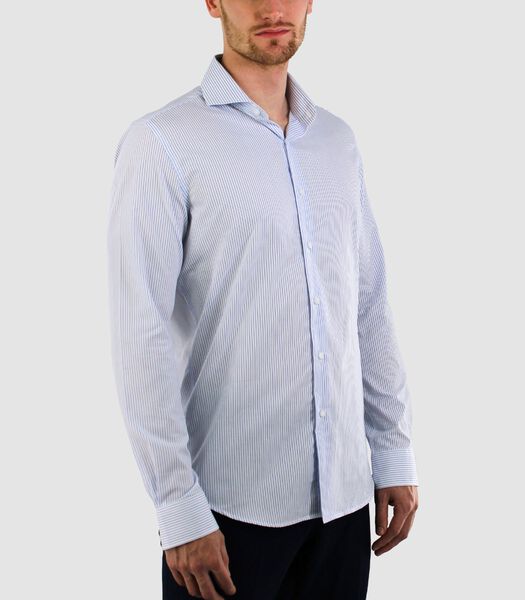 Strijkvrij Overhemd - Wit Blauw Gestreept - Slim Fit - Poplin Katoen - Lange Mouw