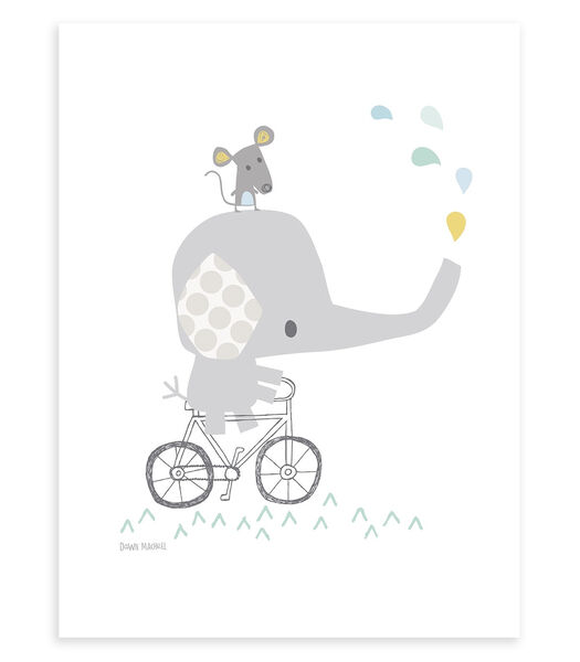 SMILE IT'S RAINING - Affiche encadrée - Éléphant sur son vélo
