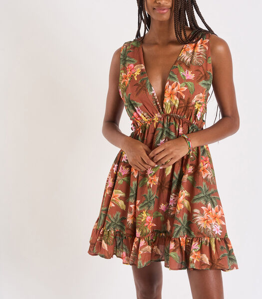 Bruine open jurk met tropische print Elvina HANALEIDAY