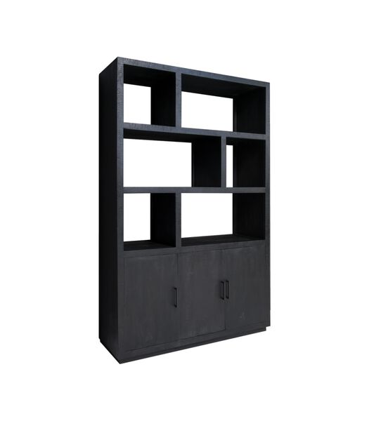 Black Omerta - Bibliotheekkast - mango - zwart - naturel - 3 deuren - 6 nissen - stalen frame
