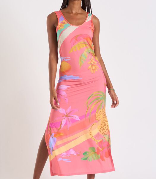 Koraalroze lange jurk met bloemen en palmbomen Mehiti Beachdress