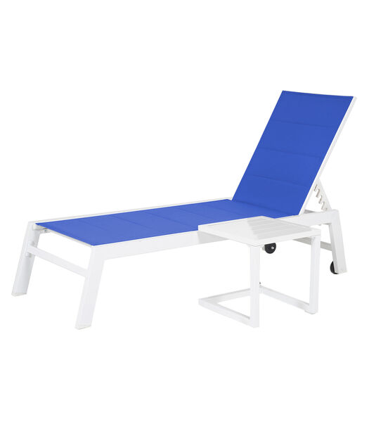 BARBADOS ligstoel en bijzettafel set in blauw textilene - wit aluminium