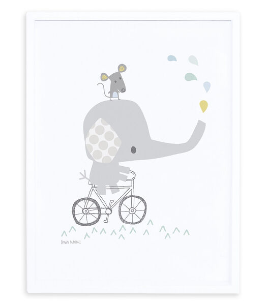 SMILE IT'S RAINING - Affiche encadrée - Éléphant sur son vélo