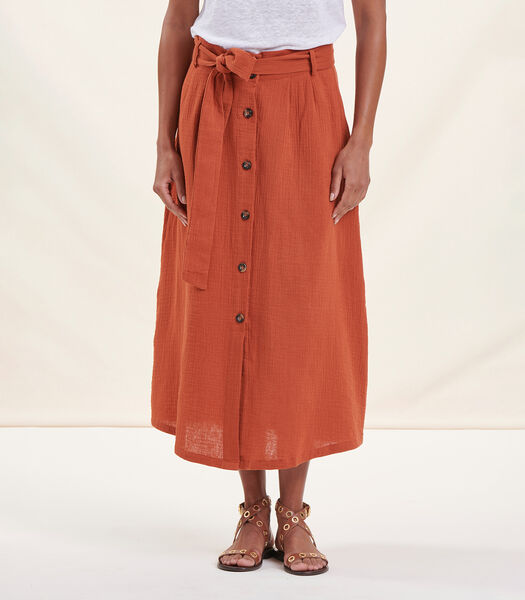 Jupe mi-longue orange boutonnée en coton