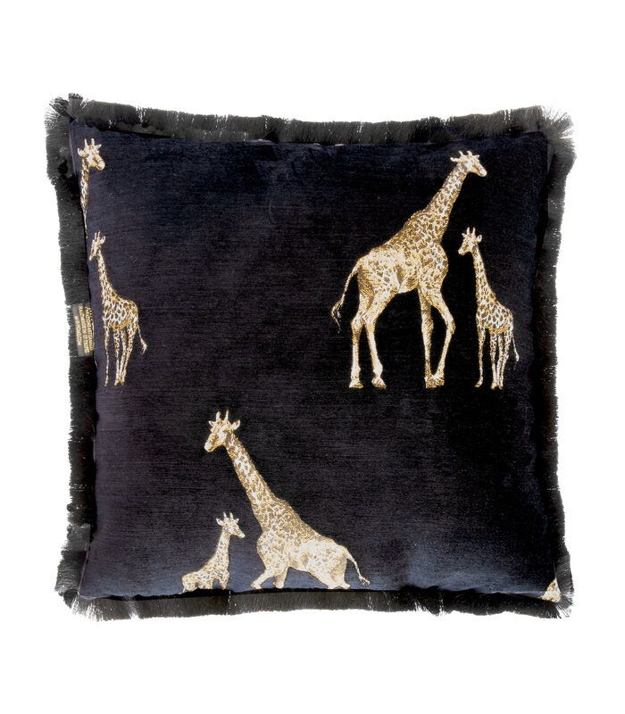 Coussin velours noir avec girafes brodées et franges image number 0