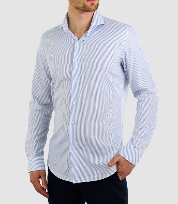 Chemise sans fer - Rayures blanches et bleues - Slim Fit - Popeline de coton - Manches longues image number 3