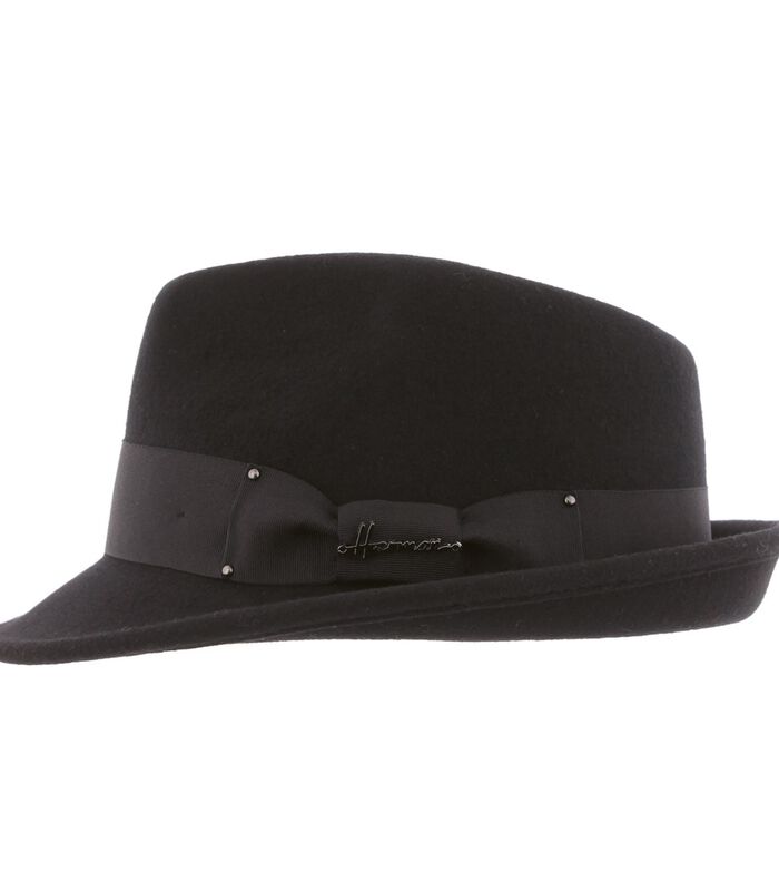 Zwarte hoed van wolvilt met zwart lint en strik DON HAWK image number 0