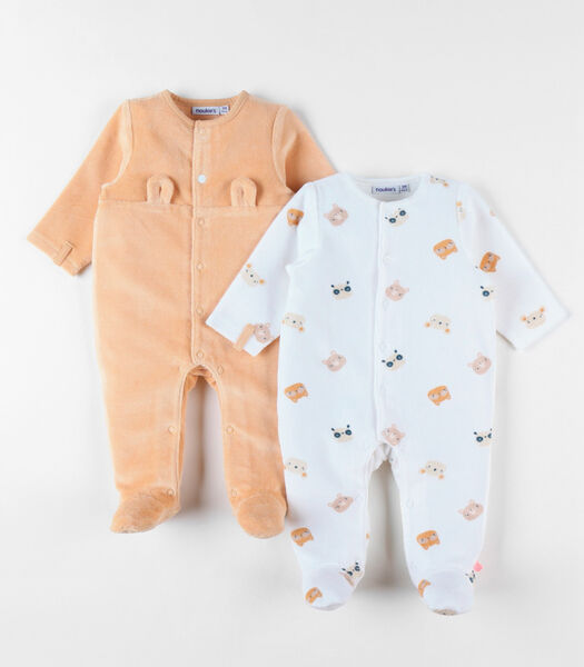 Set met 2 1-delige pyjamas uit fluweel , ecru/abrikoos