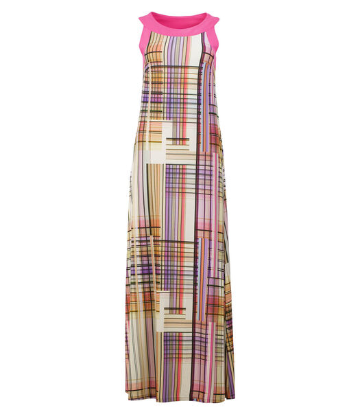 Moderne maxi-jurk met Schotse ruit en opvallende kleuraccenten