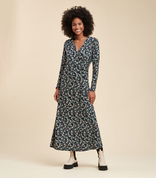 Lang -ingerichte jurk in eco -verantwoordelijke viscose jersey ecovero in bloemrijke print